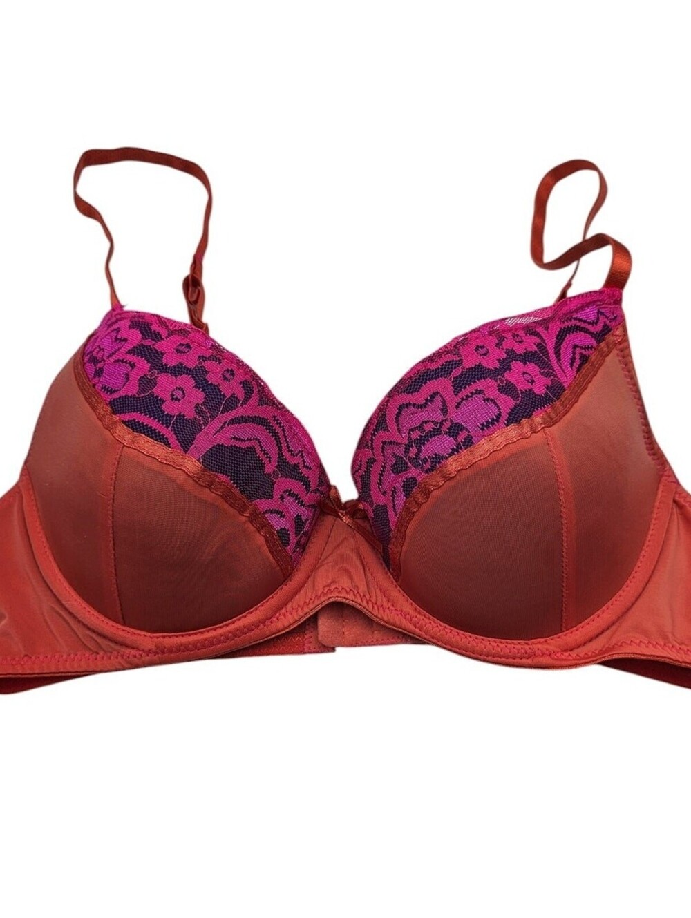 Vintage Y2K Mix & Co Womens Sz 36B Orange T Shirt Bra w/ Pink Lace Trim